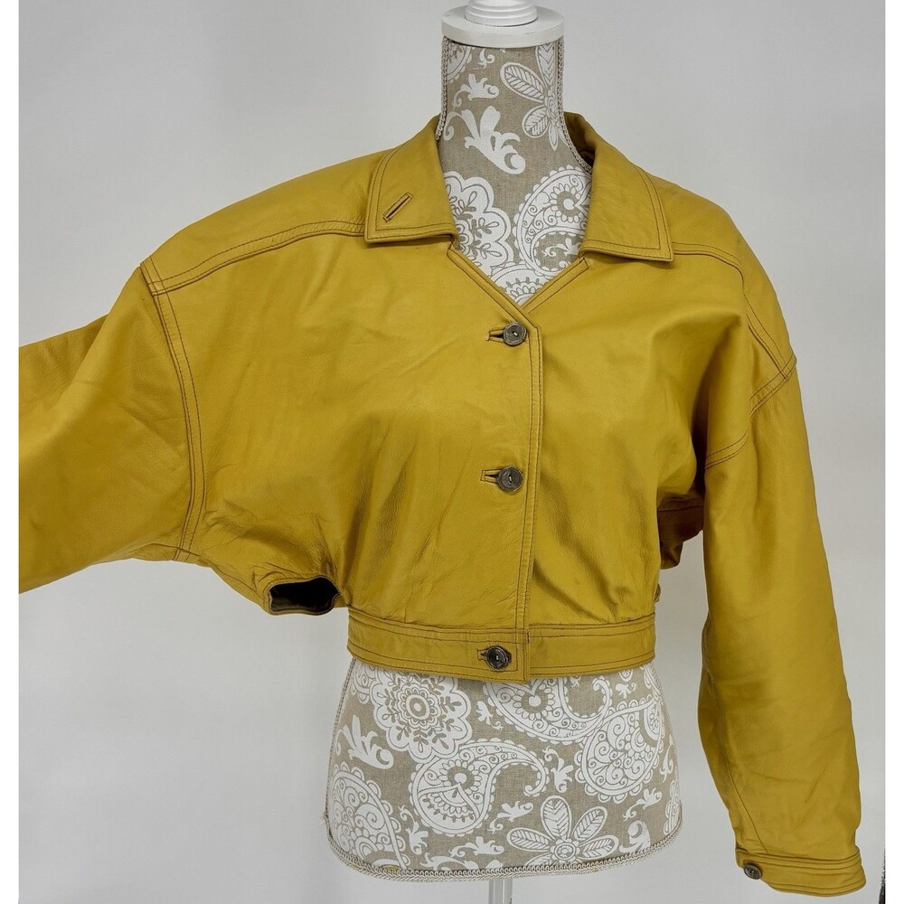 Vintage 80s RT International Yellow Leather Cropped Batwing Jacket Womens 38 S/M